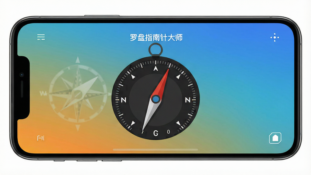 手机屏幕显示“罗盘指南针大师”的简洁主界面,没有任何广告弹窗,背景是纯色渐变,罗盘指针位于中央,画面风格极简干净,画质清晰无多余元素