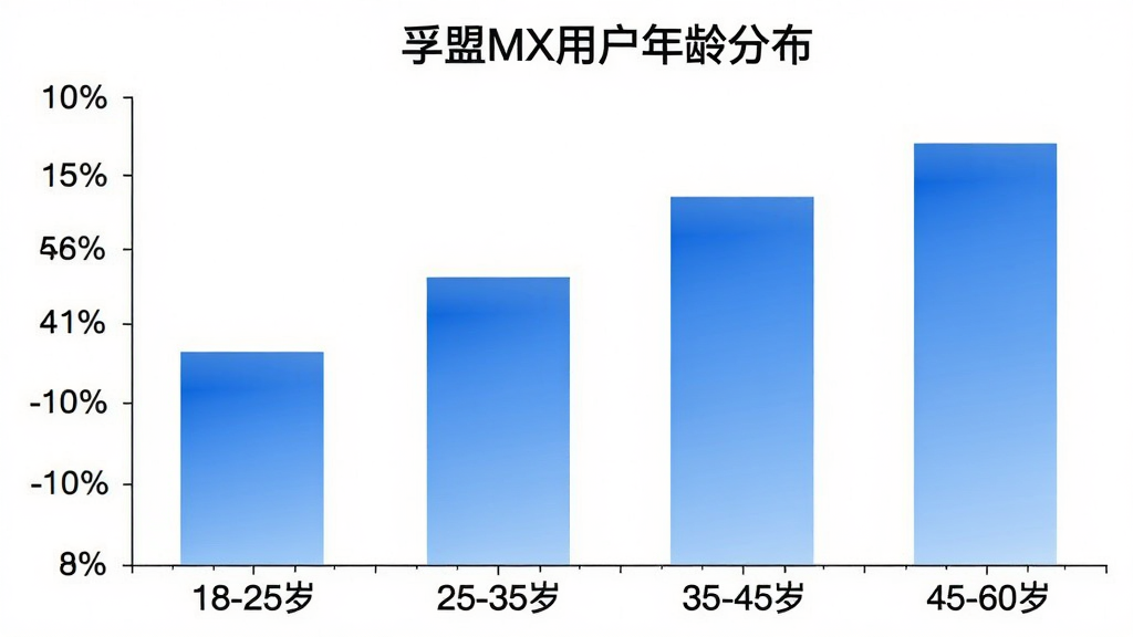 一张柱状图展示孚盟MX用户年龄分布,横轴是年龄区间“18-25岁”“25-35岁”“35-45岁”“45-60岁”,纵轴是人数占比百分比,柱子颜色为蓝色渐变。图表标题为“孚盟MX用户年龄分布”,背景白色,风格简洁数据可视化,画质清晰,无多余装饰。