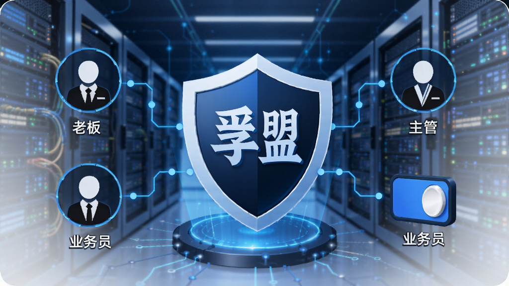 展示孚盟MX数据安全与权限管理功能的生图,画面中央是一个盾牌形状的图标,周围环绕着用户角色图标(老板、主管、业务员)和权限开关按钮,背景是服务器机房的抽象线条。风格科技感强,蓝黑色调,元素简洁明了,画质清晰,无多余文字干扰。