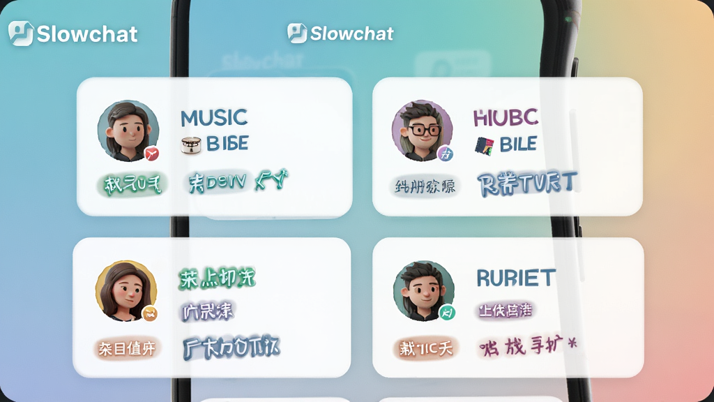 一张展示Slowchat兴趣匹配功能的示意图,画面中是一个手机屏幕,屏幕上展示着几个用户卡片,每个卡片上都有用户的头像和兴趣标签,如音乐、电影、旅行等,卡片排列整齐,背景是柔和的渐变色,风格清新现代,画质干净,图片中带有Slowchat字样