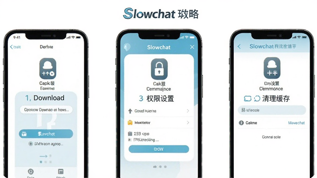 一张展示Slowchat移动端使用攻略的示意图,画面主体是一个手机屏幕,屏幕上分步骤展示了下载、安装、权限设置、清理缓存等操作界面,每个步骤都有简洁的图标和文字说明,整体风格清晰明了,画质干净,无多余元素,图片中带有Slowchat字样
