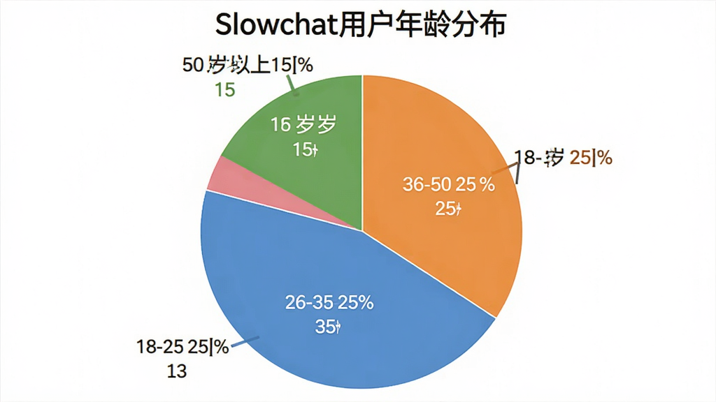 一张展示Slowchat用户年龄分布的饼状图,图表标题为“Slowchat用户年龄分布”,图中显示18-25岁占25%,26-35岁占35%,36-50岁占25%,50岁以上占15%,图表配色清晰,数据标签明确,风格简洁专业,画质干净,无多余元素