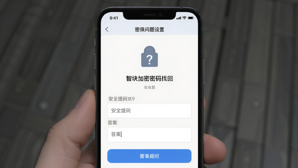 智块加密密码找回界面,手机屏幕显示密保问题设置页面,有安全提问和答案输入框,界面简洁,布局上下结构,排版清晰,风格扁平化设计,细节有锁和问号图标,画质干净无多余元素
