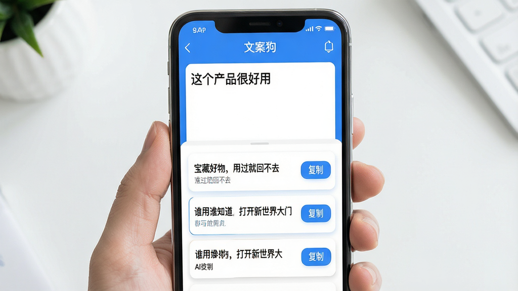 一张表现“文案狗”AI改写润色功能的图片。主体是一个手机屏幕,屏幕中显示“文案狗”APP的AI润色界面,上半部分是用户输入的原始文字“这个产品很好用”,下半部分是AI改写后的几个不同风格选项,如“宝藏好物,用过就回不去”、“谁用谁知道,打开新世界大门”,每个选项旁有“复制”按钮。布局清晰,风格简约现代,以蓝色和白色为主,画质干净,无多余元素。