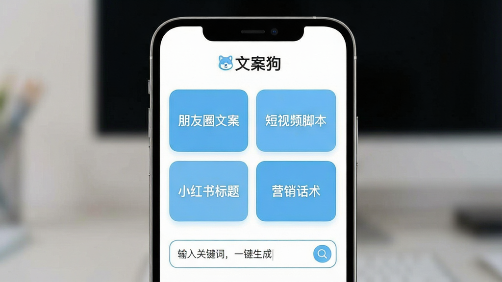 一张展示“文案狗”应用整体界面的图片。主体是一个手机屏幕,屏幕中显示“文案狗”APP的主界面,界面顶部有“文案狗”三个字的Logo,中间是几个醒目的功能卡片,分别写着“朋友圈文案”、“短视频脚本”、“小红书标题”、“营销话术”,卡片下方是一个输入框,写着“输入关键词,一键生成”。布局简洁,以白色和浅蓝色为主色调,风格现代扁平,细节圆润,画质干净,无多余元素。