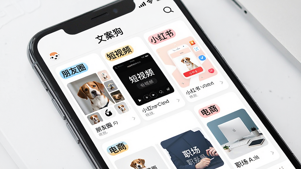 展示“文案狗”应用内丰富模板库的图片。主体是一个手机屏幕特写,屏幕里是“文案狗”APP的模板分类页面,可以看到“朋友圈”、“短视频”、“小红书”、“电商”、“职场”等醒目的分类标签,每个标签下有几个模板卡片缩略图。布局清晰,排版整齐,风格清新明亮,细节精致,画质干净,无多余元素。