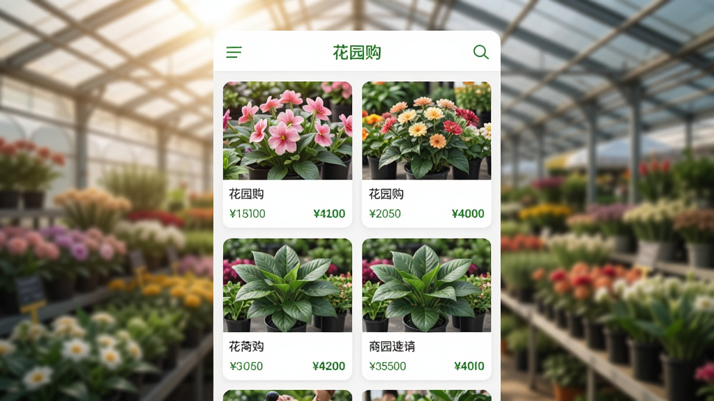画面主体是“花园购”应用的商品列表页截图,布局为两列瀑布流卡片,每张卡片展示一种花卉或绿植的图片、名称和价格。背景是虚化的花卉市场大棚,有阳光透过棚顶洒下。风格写实,细节清晰,画质干净,无多余元素。