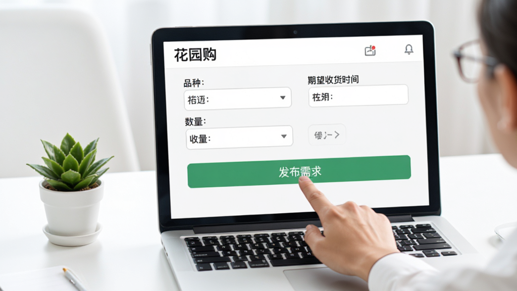 展示“花园购”的采购需求发布界面,画面中一只手正在点击“发布需求”按钮,屏幕上方显示已填写的品种、数量和期望收货时间。背景是简洁的白色办公桌面,有一盆小绿植点缀,风格现代扁平,画质干净,无多余元素。