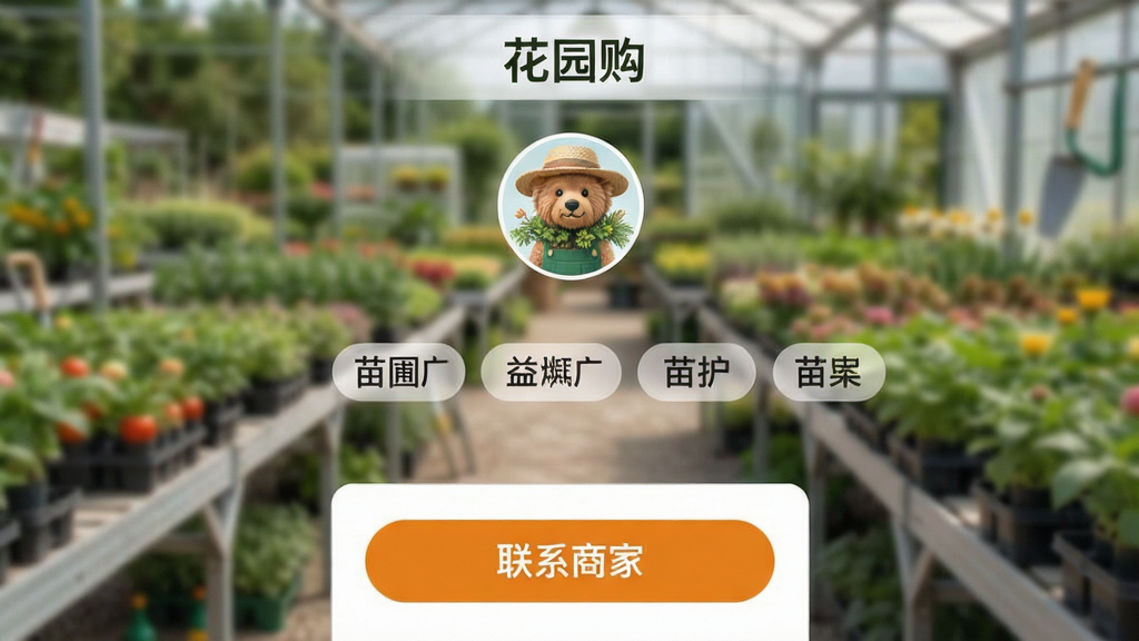 画面展示“花园购”应用内的苗圃主页,顶部是苗圃名称和头像,中间是主营品类标签,底部有醒目的“联系商家”按钮。背景是苗圃实景照片虚化处理,风格真实自然,画质干净,无多余元素。