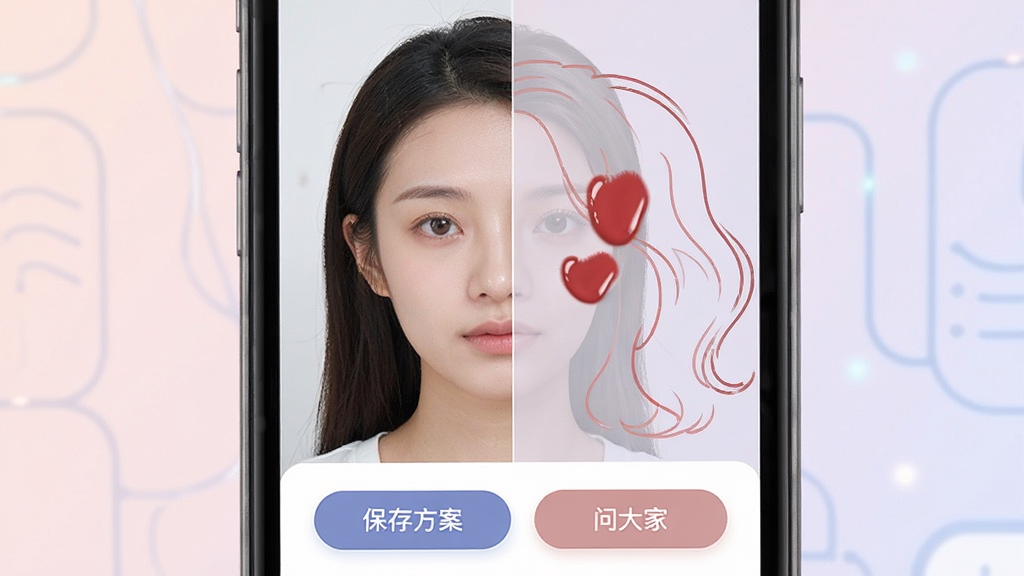 艺容社区App功能界面展示,手机屏幕特写,屏幕内显示虚拟试妆镜面效果,左半边是用户原图,右半边叠加了口红色号和发型轮廓,界面底部有“保存方案”和“问大家”按钮,整体风格科技感与美学结合,色调柔和,画质干净无多余元素