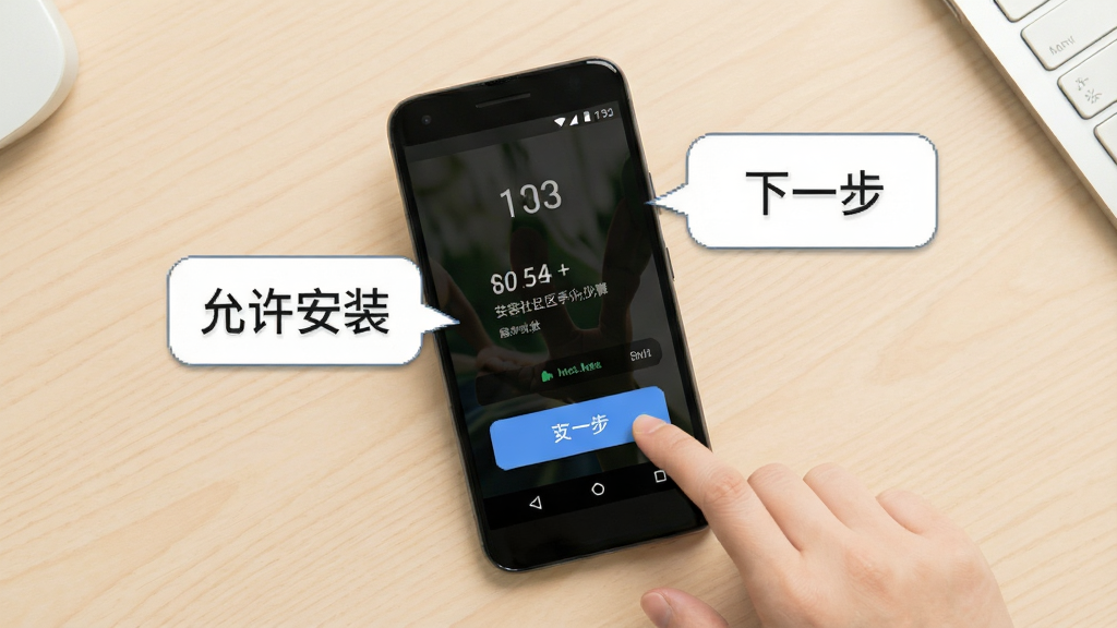 艺容社区安卓手机安装步骤示意图,画面中一部安卓手机正在点击安装按钮,周围有“允许安装”“下一步”的引导气泡,背景是干净的浅色桌面,风格简洁明了,画质清晰无多余元素