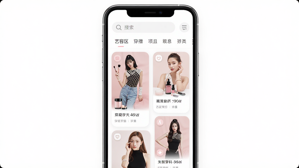 艺容社区App首页界面展示,手机屏幕居中,屏幕内显示瀑布流的美妆穿搭图文卡片,顶部有搜索栏和分类标签,界面风格清新简约,以白色和浅粉色为主色调,图标圆润,画质干净无多余元素