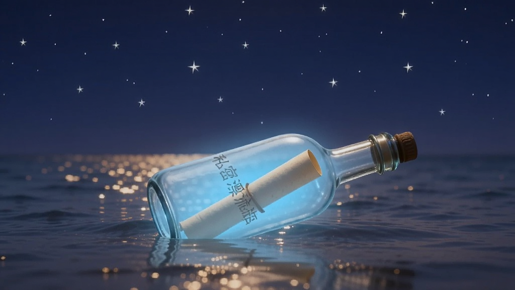 一个宁静的夜晚海边场景,画面中央漂浮着一个发着柔和蓝光的玻璃漂流瓶,瓶子里装着一封卷起来的信,背景是深蓝色的星空和波光粼粼的海面,画面风格温暖治愈,构图简洁干净,画质清晰无多余元素,瓶身上有隐约的“私密漂流瓶”字样