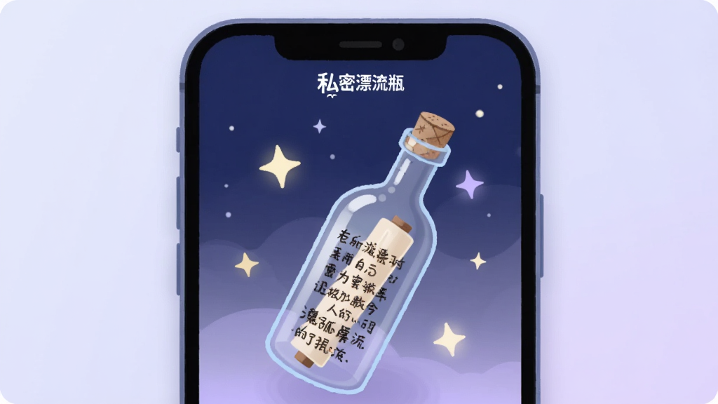 一个手机屏幕的插画,屏幕中央显示一个写满文字的漂流瓶,周围有柔和的星光点缀,画面色调以深蓝和浅紫为主,风格扁平化,细节精致,画质干净,屏幕上方有“私密漂流瓶”的logo字样