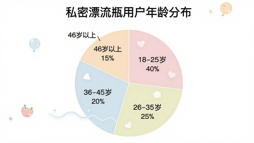 一个饼状图,展示私密漂流瓶用户年龄分布,饼图分为四块,分别标注“18-25岁 40%”“26-35岁 25%”“36-45岁 20%”“46岁以上 15%”,配色柔和,图表清晰,背景干净,图中有“私密漂流瓶用户年龄分布”标题文字