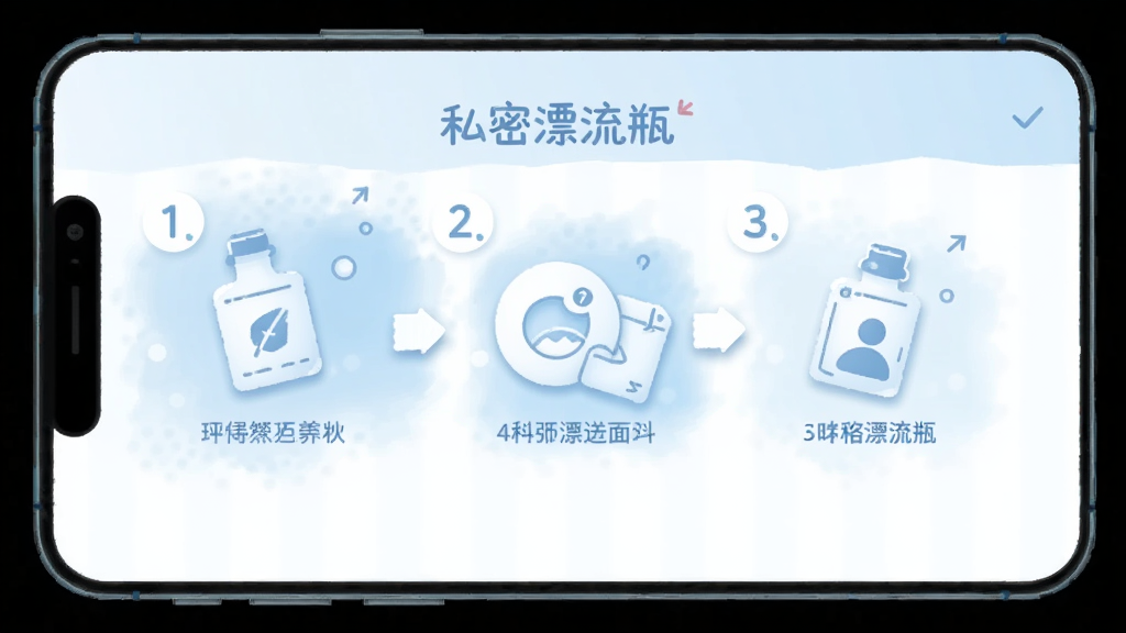 一个手机界面截图风格的插画,画面展示私密漂流瓶的“新手引导”页面,页面上有几个清晰的步骤提示图标,配色以浅蓝和白色为主,风格简洁现代,画质干净,图中包含“私密漂流瓶”文字标识