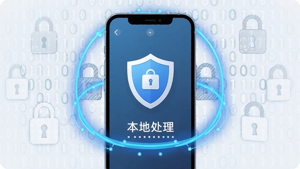 一张展示初照App隐私安全保障功能的图片,画面中手机屏幕上显示着隐私保护盾牌图标和本地处理字样,手机周围有一圈蓝色的安全光环,背景是抽象的二进制代码和锁形图案,风格简洁安全,画质清晰,无多余元素