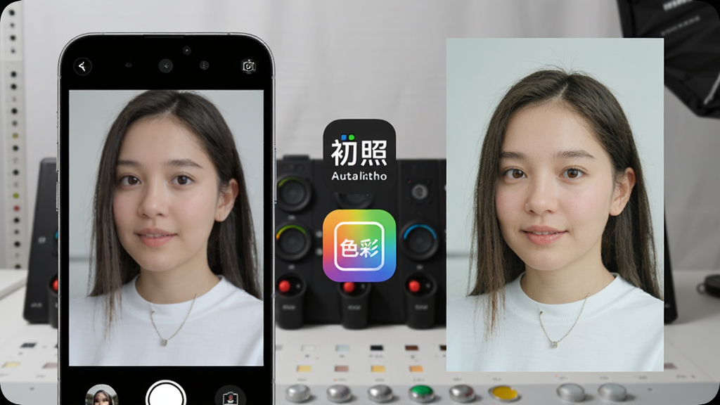 一张展示初照App智能色彩校正功能的图片,画面分为左右两部分,左边是手机屏幕显示的原图,右边是打印出来的照片,两者色彩高度一致,中间有初照的Logo和色彩校正的图标,背景是摄影工作室的调色台,风格专业简洁,画质细腻,无多余元素