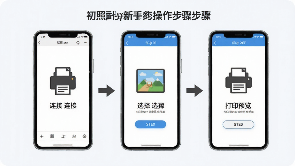 一张展示初照App新手操作步骤的图片,画面中手机屏幕上显示着从连接打印机到选择照片再到打印预览的三个步骤界面,每个步骤都有清晰的图标和文字说明,手机旁边有箭头指示操作流程,背景是简洁的教程风格,画质干净,无多余元素