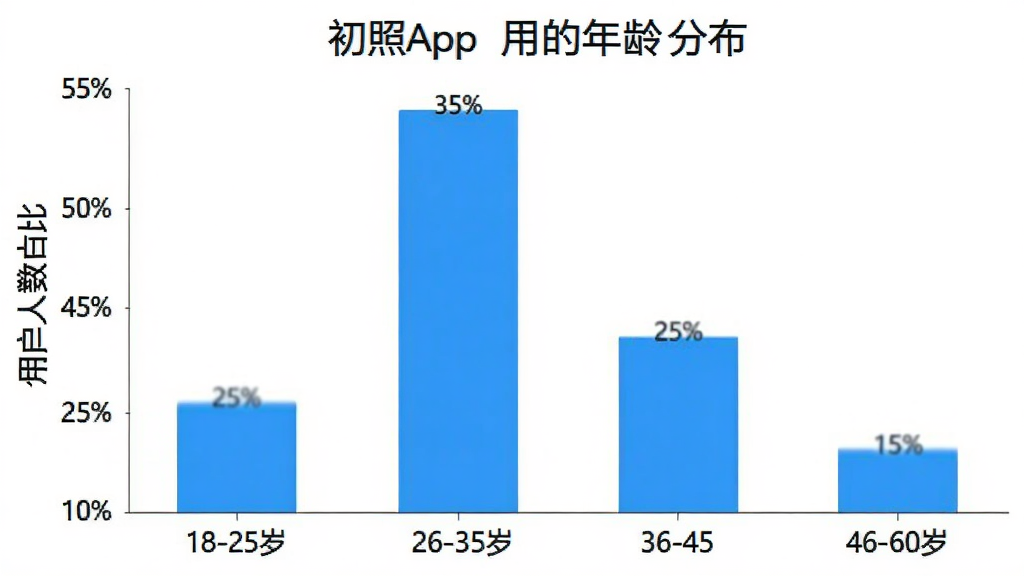 一张展示初照App用户年龄分布的柱状图,横轴为年龄段18-25岁、26-35岁、36-45岁、46-60岁,纵轴为用户人数占比,柱状图显示26-35岁占比最高约35%,18-25岁约25%,36-45岁约25%,46-60岁约15%,图表风格简洁清晰,背景为白色,画质干净,无多余元素