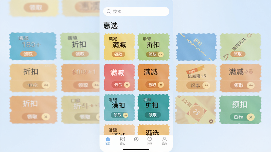 ����ѡ��Ӧ�����Ż�ȯ�ۺ�ҳ�棬��Ļ������ʾ���Ų�ͬ��ɫ���Ż�ȯ��Ƭ��ÿ�ſ�Ƭ���С����������ۿۡ��ȱ�ǩ����ȡ��ť����Ƭ�������У���������͵�ǳ��ɫ��ҳ�涥�������������ײ��е���������������ˬ���࣬���ʸɾ��޶���Ԫ��