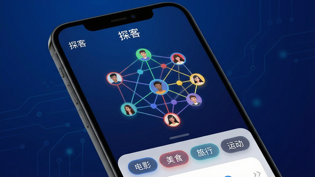 ����������һ���ֻ���Ļ����ʾ��̽�͡�App����Ȥƥ����棬��Ļ������һ���ɶ����ɫСԲ�����ӳɵ�����ͼ��ÿ��Բ�����һ���û�ͷ�����ߴ�����ͬ��Ȥ���·��С���Ӱ��������ʳ���������С������˶����ȱ�ǩ��ť��������Ƽ���ʮ�㵫���ּ�࣬����Ϊ����ɫ���䣬���ʸɾ����޶���Ԫ�ء�