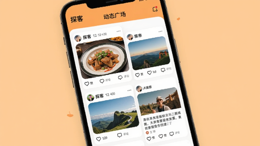 ����������һ���ֻ���Ļ����ʾ��̽�͡�App�Ķ�̬�㳡ҳ�棬ҳ�����ٲ�����ʽչʾ�û�������ͼ�Ķ�̬������ʳ��Ƭ���羰�պ����ַ�����ÿ����̬�·��е��޺�����ͼ�ꡣ�ֻ�������ůɫ����ǳ��ɫ�������ܰ���ã����ʸɾ����޶���Ԫ�ء�
