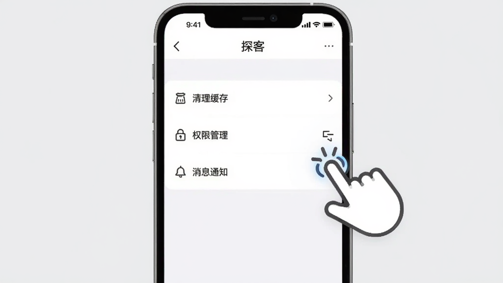 ����������һ���ֻ���Ļ����ʾ��̽�͡�App������ҳ�棬ҳ�����С��������桱����Ȩ�޹�����������Ϣ֪ͨ����ѡ���б����Ա�����ָ�����ͼ��ʾ�⡣�ֻ������Ǽ���ǳ��ɫ���������ֱ�ۣ����ʸɾ����޶���Ԫ�ء�