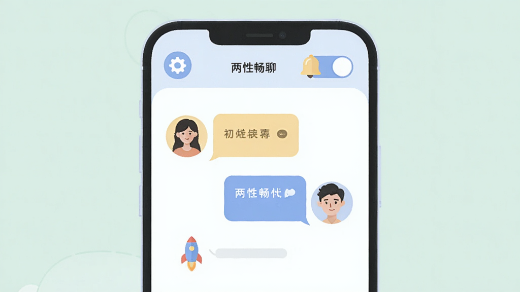 A detailed illustration of '���Գ���' app features on a mobile phone, the phone screen displays a chat bubble interface with two avatars talking, a settings gear icon in the corner, a notification bell with a toggle switch, and a small rocket icon indicating fast performance, soft pastel color palette, flat design style, clean composition, high quality, no extra decorations