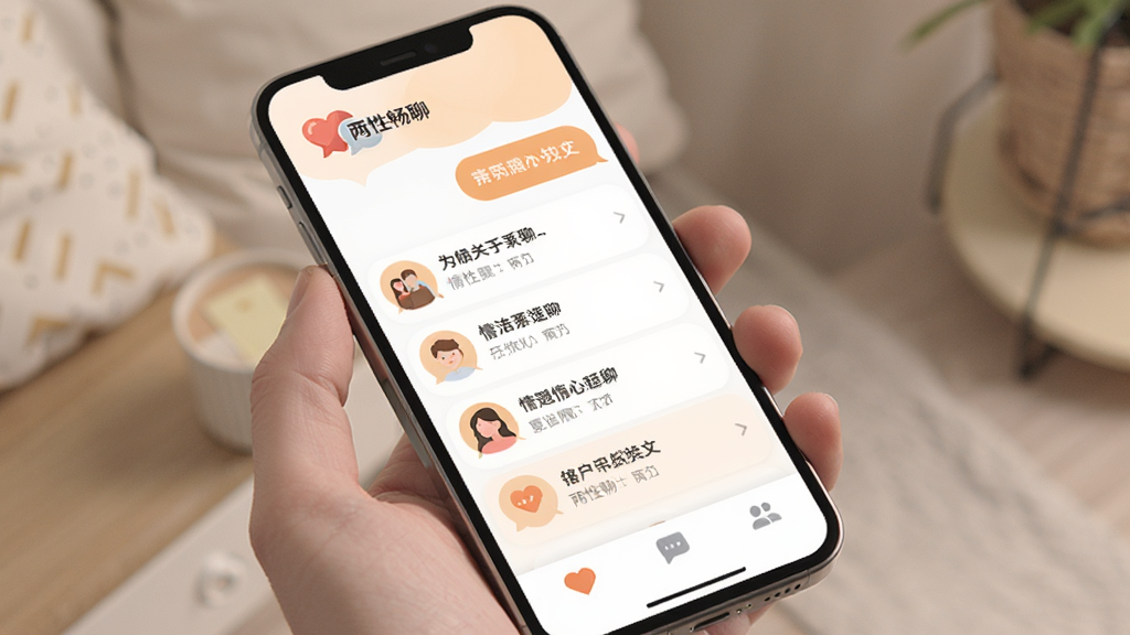 A mobile app interface for '���Գ���' displayed on a smartphone screen, the screen shows a clean chat interface with soft warm color tones, a list of chat rooms about relationships and emotional topics, a bottom navigation bar with three icons, the app logo at the top left corner shows a heart and speech bubble icon, modern flat design style, clean and minimal layout, high quality, no extra elements