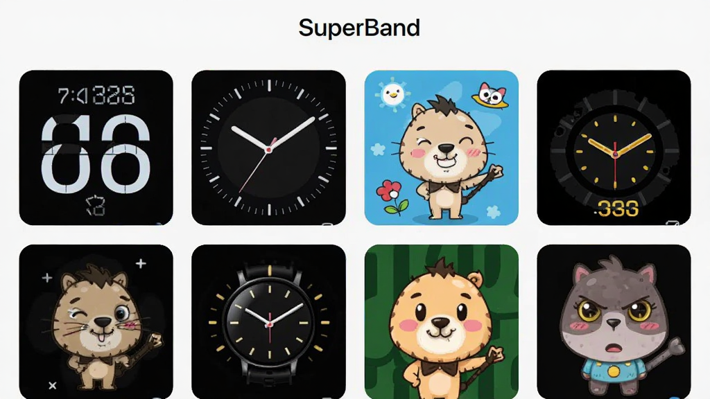 SuperBand应用内表盘市场界面的详细截图,画面中展示多款不同风格的表盘缩略图,包括数字、指针、卡通等,界面顶部有“SuperBand”字样,布局为网格排列,风格清爽,细节清晰,画质干净无多余元素