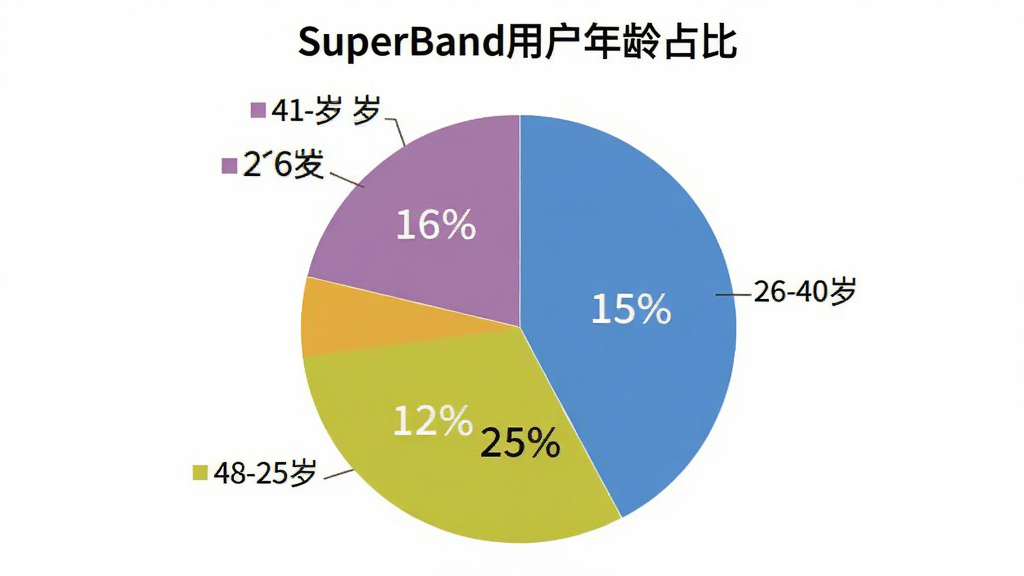 一张展示SuperBand用户年龄分布的饼状图,图表标题为“SuperBand用户年龄占比”,图中用不同颜色区分18-25岁、26-40岁、41-60岁、60岁以上四个区块,每个区块标注百分比,背景干净,风格简洁商务,画质清晰无多余元素