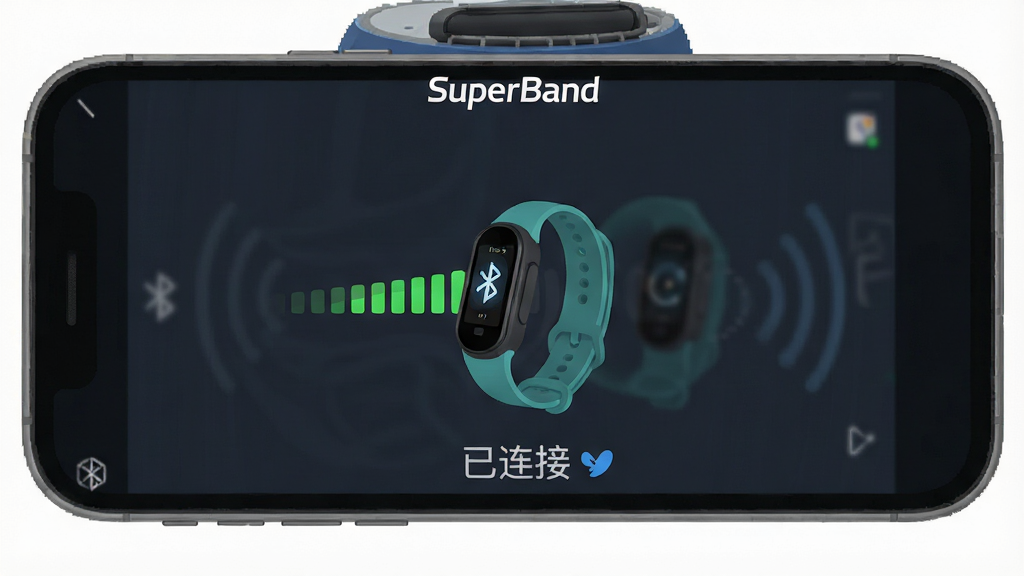 SuperBand应用内“设备连接”界面的详细示意图,画面展示手机与手环通过蓝牙成功配对的动画效果,界面顶部有“SuperBand”标识,中间有信号强度指示条,底部有“已连接”状态文字,风格简洁扁平,细节清晰,画质干净无多余元素