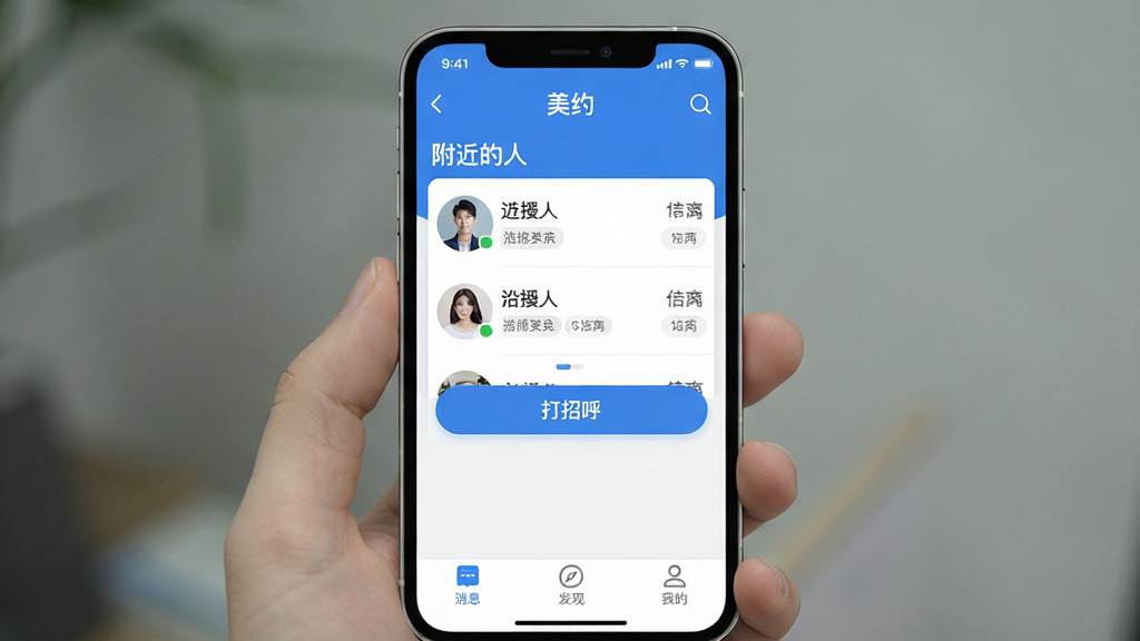 һ���ֻ�Ӧ�ý���չʾͼ�����������ǡ���Լ��App����ҳ���Ϸ���ʾ���������ˡ��б���ÿ��ͷ���Ա��о����ǩ���м��С����к�����ť���ײ�����Ϣ�����֡��ҵ�����ѡ�����������ˬ�ִ���������ɫ�����ָɾ����޶���Ԫ�أ���������