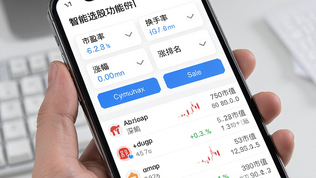 ����ͬ��˳App������ѡ�ɹ��ܽ��棬�ֻ���Ļ����ʾ�������ɸѡ��Ƭ��������ӯ�ʡ������ʡ��Ƿ�������ѡ��·���ѡ�ɽ���б���ÿֻ��Ʊ�Ա����ǵ�������ֵ���ݣ������������죬��ɫ����������ɫ������ť�����ʸɾ����������ֱ�ǩ��ȷ