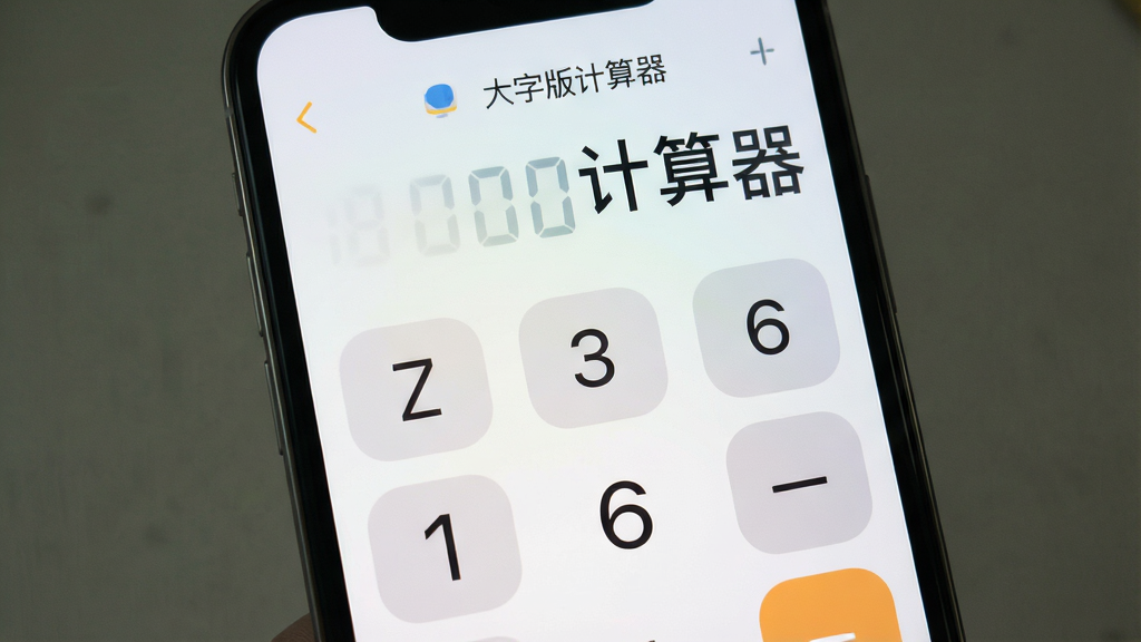 一张手机屏幕特写,屏幕上显示着一个简洁的大字版计算器应用界面,背景是干净的浅色渐变,计算器按键超大,数字清晰可见,顶部显示着“大字版计算器”几个字,整体风格现代扁平,画质干净无多余元素