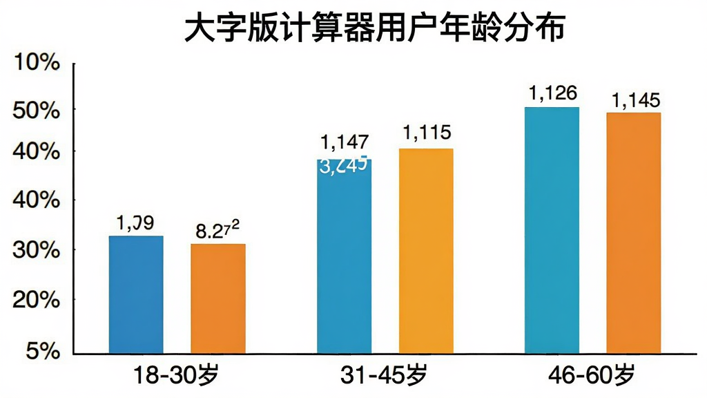 一张柱状图,展示不同年龄段用户占比,横轴是“18-30岁”“31-45岁”“46-60岁”,纵轴是百分比,柱子上方标注具体数值,图表标题为“大字版计算器用户年龄分布”,风格简洁清晰