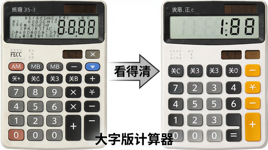 一张对比示意图,左边是普通计算器密密麻麻的小字界面,右边是大字版计算器清晰醒目的大字界面,中间用箭头标注“看得清”,底部有“大字版计算器”字样,风格简洁直观