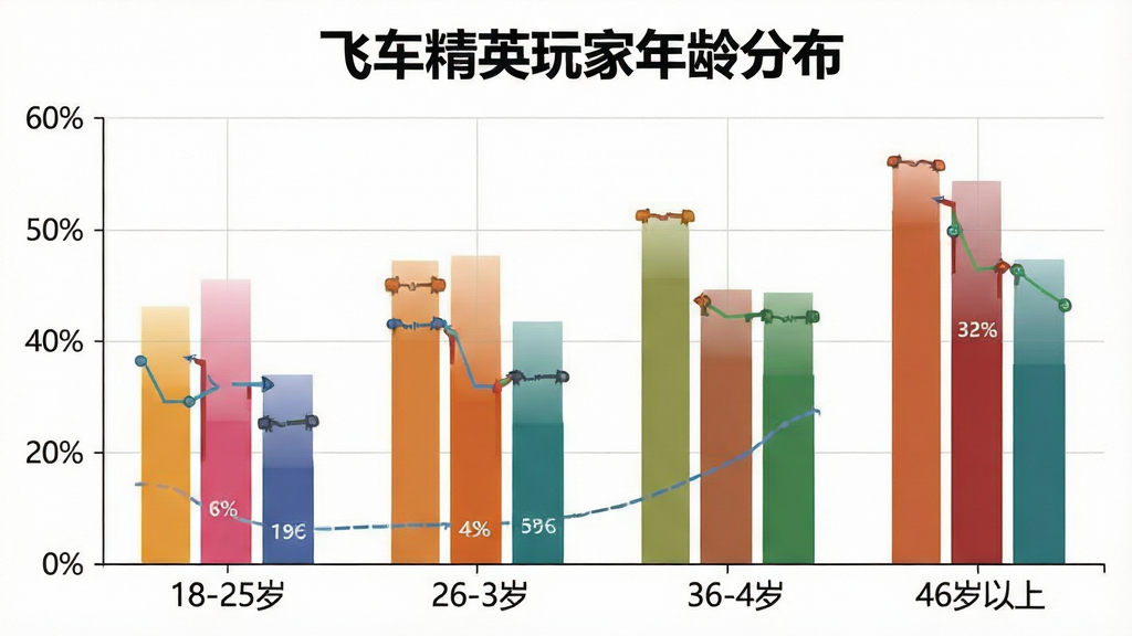 一张柱状图展示不同年龄段玩家占比的数据可视化图片,横轴标注18-25岁、26-35岁、36-45岁、46岁以上四个年龄段,纵轴标注百分比,柱状图上方有「飞车精英」玩家年龄分布标题,风格是简洁的数据图表风格,细节上柱子颜色有区分,画质干净,无多余元素