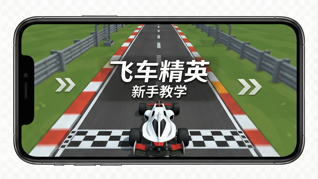 一张手机屏幕上显示赛车游戏新手教程界面的图片,画面中有一辆白色赛车停在起跑线上,屏幕中央有「飞车精英」新手教学文字提示,布局是俯视视角展示赛道全貌,风格是简洁明了的教程风格,细节上能看到起跑线格子和两侧的引导箭头,画质干净,无多余元素