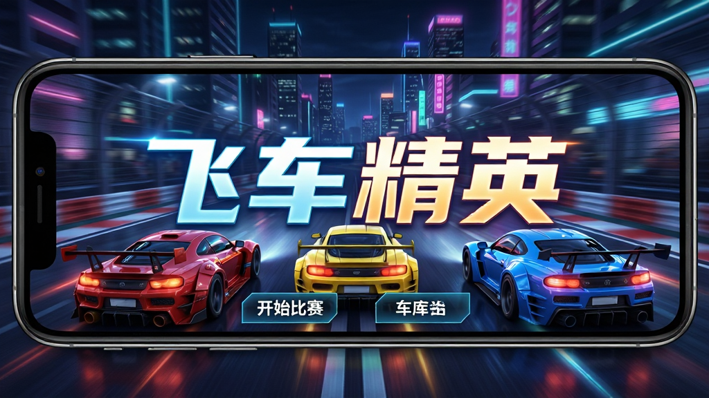 一张手机横屏赛车游戏主界面的全景展示图,画面中央是「飞车精英」四个发光大字,背景是霓虹灯闪烁的城市夜景赛道,赛道上有三辆不同颜色的改装赛车正在高速行驶,画面下方有开始比赛和车库按钮,整体布局清晰,风格是炫酷科技感,细节上能看到车身上的反光和环境光晕,画质干净,无多余元素