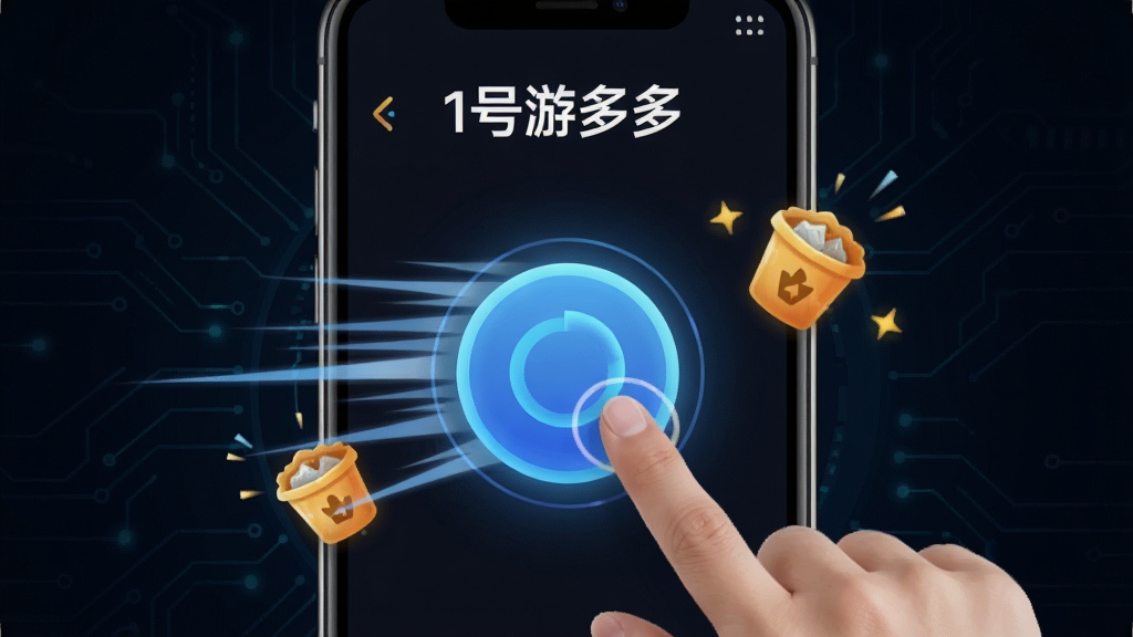一张展示手机加速功能的图片,画面中一部手机屏幕显示“1号游多多”的加速界面,一个圆形加速按钮正在被点击,周围有速度线和清理垃圾的动画效果,背景是深色科技风,布局突出中央按钮,风格简洁明快,画质清晰无杂乱元素