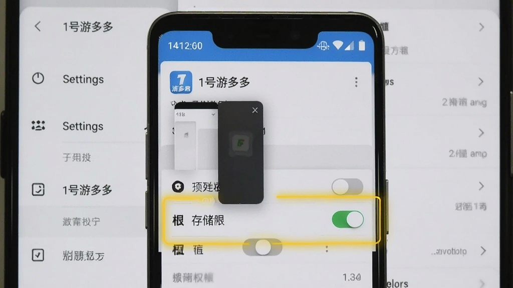 一张展示手机权限设置界面的图片,画面中一部安卓手机屏幕显示“1号游多多”的应用权限管理页面,悬浮窗和存储权限开关被高亮标注,背景是手机设置菜单,布局清晰,风格写实,画质干净无多余元素