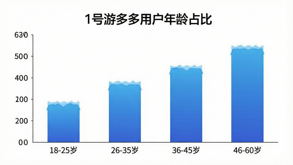 一张展示用户年龄分布的柱状图图片,图表标题为“1号游多多用户年龄占比”,横轴是年龄段18-25岁、26-35岁、36-45岁、46-60岁,纵轴是百分比,柱状图颜色为渐变蓝色,背景是白色,布局简洁清晰,风格商务数据风,画质干净无多余元素