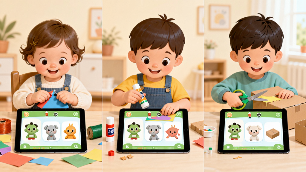 宝宝环保手工App分龄推荐界面图,画面中展示三个不同年龄段的孩子形象,左边是3岁幼儿在撕彩纸,中间是5岁孩子在用胶棒粘贴,右边是7岁孩子在用安全剪刀裁剪纸箱,每个孩子面前都有一个平板显示宝宝环保手工App的对应教程界面,布局为横向排列三个场景,风格卡通温馨,细节有不同年龄段的手工材料,画质清晰干净,无多余元素