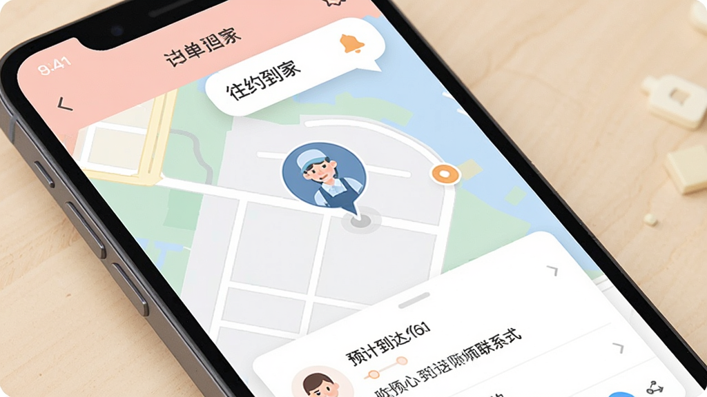 һ��չʾ����Լ���ҡ�APP����׷�ٽ����ͼƬ���ֻ���Ļ��ʾ��ͼ����һ���ƶ���ʦ��ͼ�꣬�·���Ԥ�Ƶ���ʱ���ʦ����ϵ��ʽ����������Ϣ�������ݣ�����ִ���ƽ��ɫ����ͣ������������޶���Ԫ��