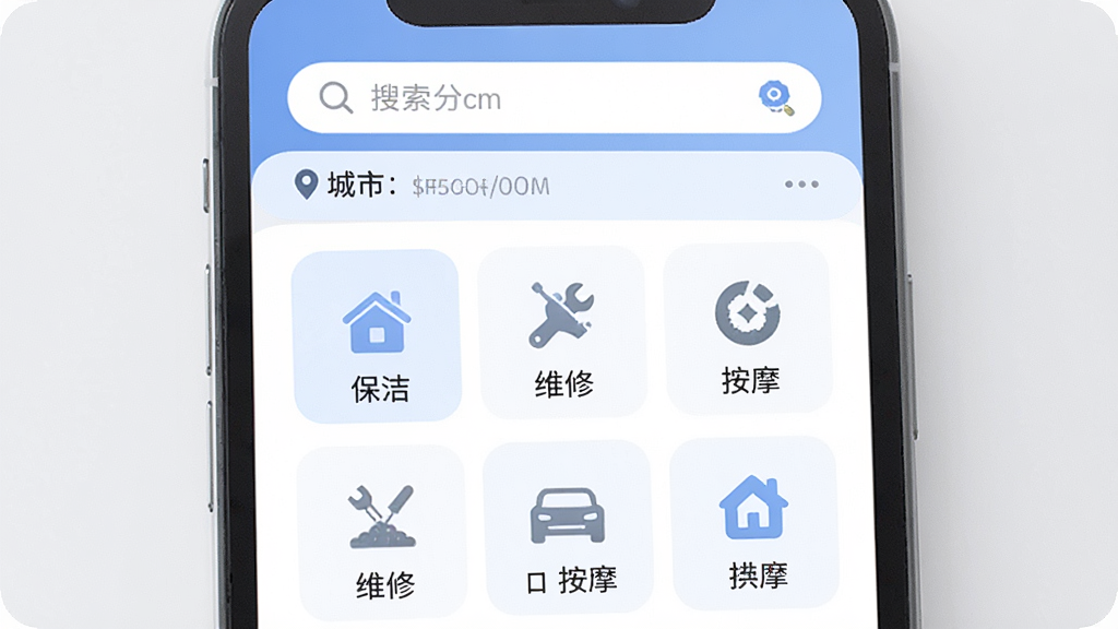 һ���ֻ���Ļ��ʾ����Լ���ҡ�APP��ҳ��ͼƬ�����������Ǽ��ķ������ͼ�����񣬰������ࡢά�ޡ���Ħ��ͼ�꣬�������������Ͷ�λ���У����岼�ָɾ���������͵�������ɫ������ִ���ƽ��ϸ��Բ�󣬻����������޶���Ԫ��