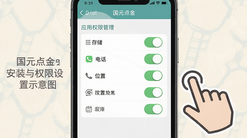 国元点金安装与权限设置示意图,手机屏幕显示应用权限管理页面,有存储、电话、位置等权限开关,旁边有手指点击的图标,背景是浅色,风格教程类,画质干净无多余元素