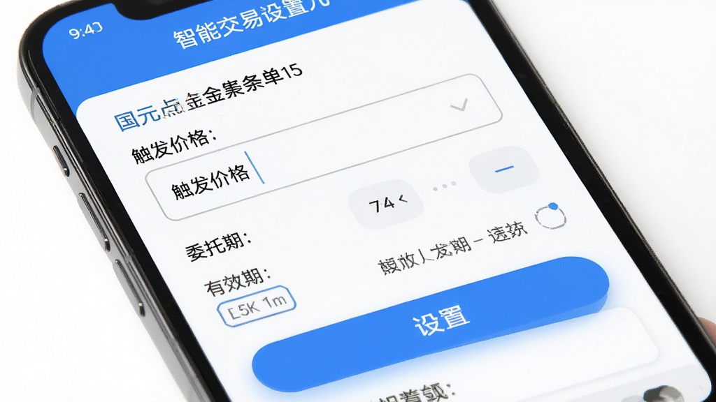 国元点金智能交易设置界面,手机屏幕显示条件单设置页面,有触发价格输入框、委托数量选择、有效期选项,界面以白色和蓝色为主,按钮圆润,风格简洁易用,画质干净无多余元素