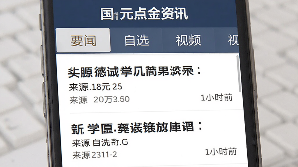 国元点金资讯页面,手机屏幕显示新闻列表,每条新闻有标题、来源和时间,顶部有要闻、自选、视频等标签栏,界面排版整齐,字体清晰,风格类似专业财经媒体,画质干净无多余元素
